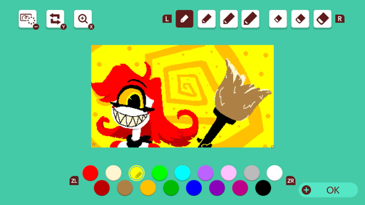 An aliased, pixel art adjacent drawing of Niffty from the series Hazbin Hotel. She is a cyclops demon with messy red hair which extends outward into large upward curls above her shoulders. Her large eye and menacingly large smile direct themselves towards you, while she holds a feather duster foreshortened off towards our right. Behind her is an orange spiral atop a yellow backdrop, accompanied by a number of orange dots.

This is made in Mario Maker 2, a game with very limited functionality for drawing in comments.