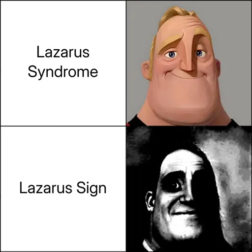 A Mr. Incredible Becoming Uncanny meme. Smilling Mr. Incredible: Lazarus syndrome; Uncanny Mr. Incredible: Lazarus sign
