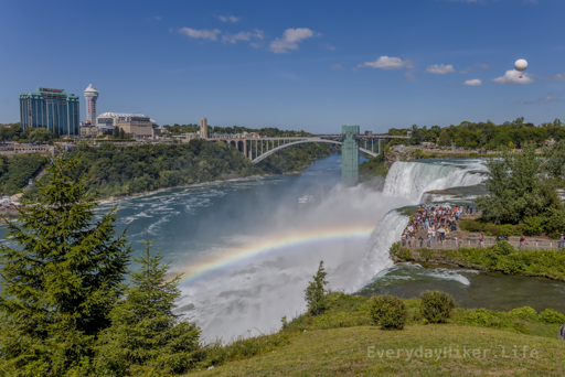 A brightly visible rainbow is formed in the mist under Bridal veils and American falls, with the US (right) and Canada (left) visible on either side of Rainbow Bridge.