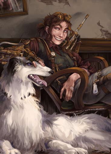 Illustration of a white skinned woman leaning back in a chair and resting her arm on a white and grey Borzoi dog that is sitting in front of her. The woman is smiling and looking at the camera. She has brown hair tied together in a loose bun. She wears a dark red shirt and a darker vest. On her right arm there are steampunk elements like gears, cables, hydraulic pumps - mostly in a gold and bronze color. She has a pistol attached to her thigh and a rifle is strapped over the chair. On the partially broken wall behind her is the part of a framed painting showing