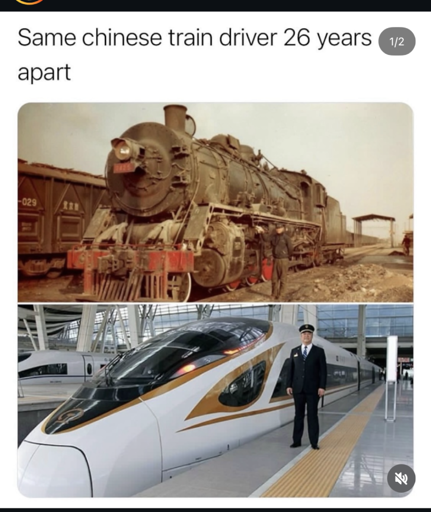 screenshot of text "Same chinese train driver 26 years apart" above two photos, the first showing a man standing next to a China Railways SY steam locomotive and the second showing him standing next to a Fùxīng Hào high-speed train