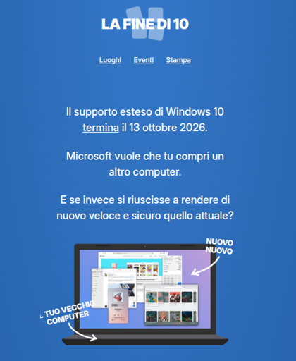 picture of the italian version of the endof10.org site, showing an old laptop that became really new with linux