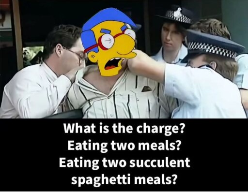 What is the charge? Eating two meals? Eating two succulent spaghetti meals?? (Reference to the democracy manifest meme)
