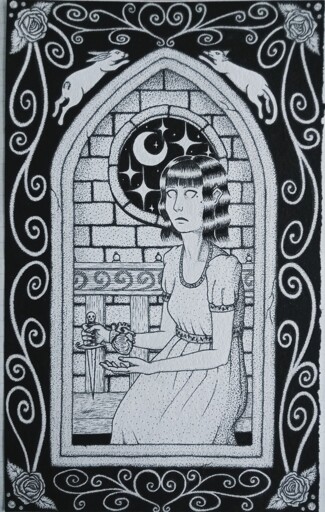 black ink drawing, with semi-medieval and witchy vibes. the centerpiece is a person in a flowy dress sitting on a wooden bench in front of a stone wall and a window with the night sky visible. the person is holding a dagger in one hand, and above the other hovers an anatomical heart. this is framed in a slightly cracked gothic-inspired window, around which is a larger frame on a solid black background, with spiraling vines, a rose in each corner, as well as a rabbit and a cat either side of the arch of the gothic window.