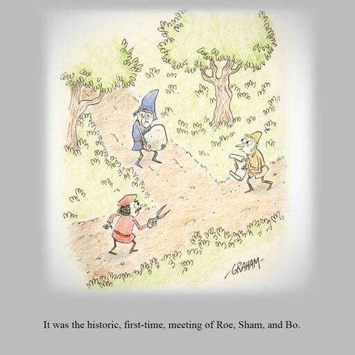 A cartoon illustration of a three medieval men meeting at a crossroads, one man holds scissors, another paper, and the third one has a rock. Caption reads "It was the historic, first-time, meeting of Roe, Sham, and Bo."