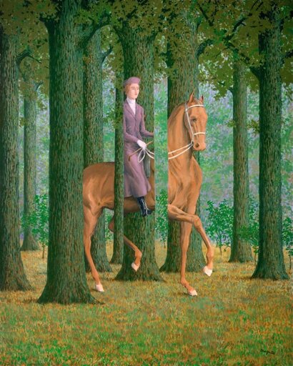 René Magritte’s Le Blanc-Seing (The Blank Signature, 1965): A woman in a mauve-pink dress and matching cap rides a reddish-brown horse through a green forest. Tall, slender tree trunks appear in front of and behind the horse and rider, intermittently obscuring their bodies and creating an illusion of shifting depth. Dappled green foliage fills the background, while short green and brown strokes suggest grass over a golden-tan ground.