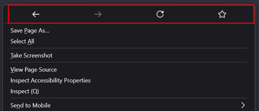 Screenshot of the top of the right-click context menu in Firefox, with the navigation buttons (Back, Forward, Reload and Bookmark) highlighted